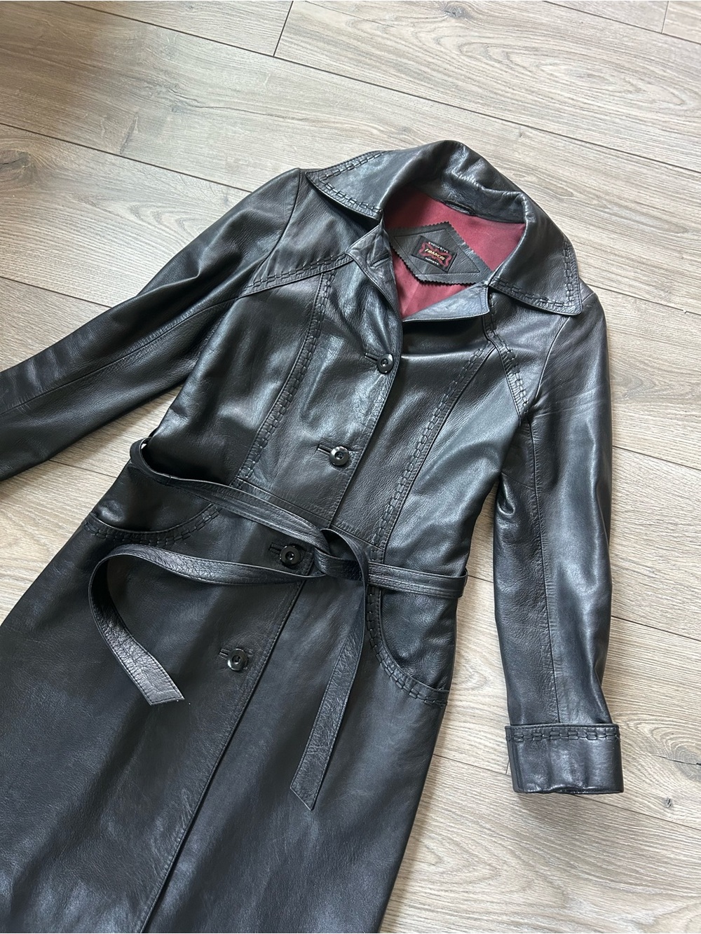Vintage Black Leather Long Trench Coat Size 8
